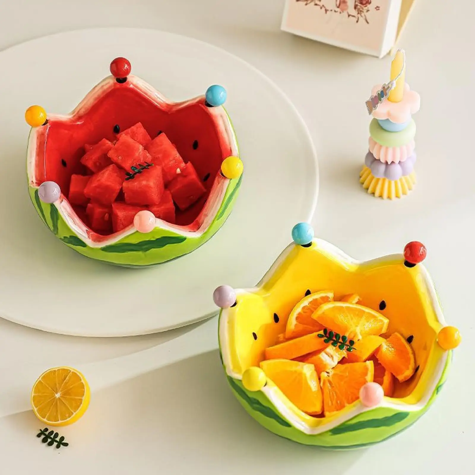 Watermelon fruit plate creative ceramic fruit fork set large capacity living room coffee table fruit bowl plate cute small ornam