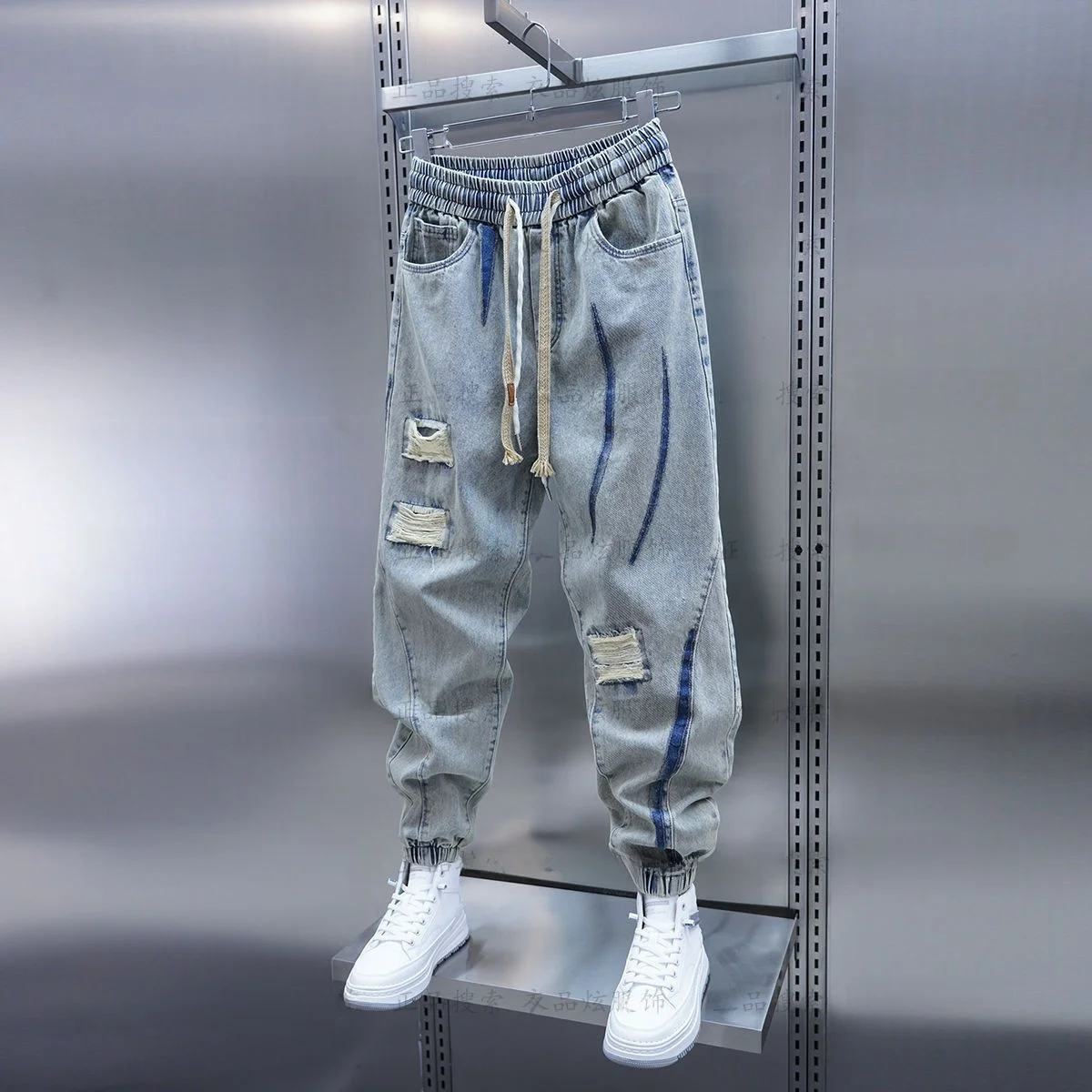 

plus Size Men's Faionable Skinny Jeans Autumn Winter Large Code Trendy Fake Hole Denim Pants Loose Cuffed Straight Leg Trou...