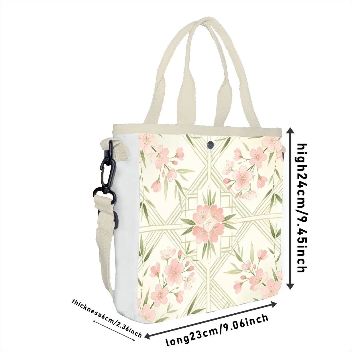 Whimsical Zen Floral Print Tote, Adjustable Strap Soft Cherry Blossom & Bamboo Shoulder Bag
