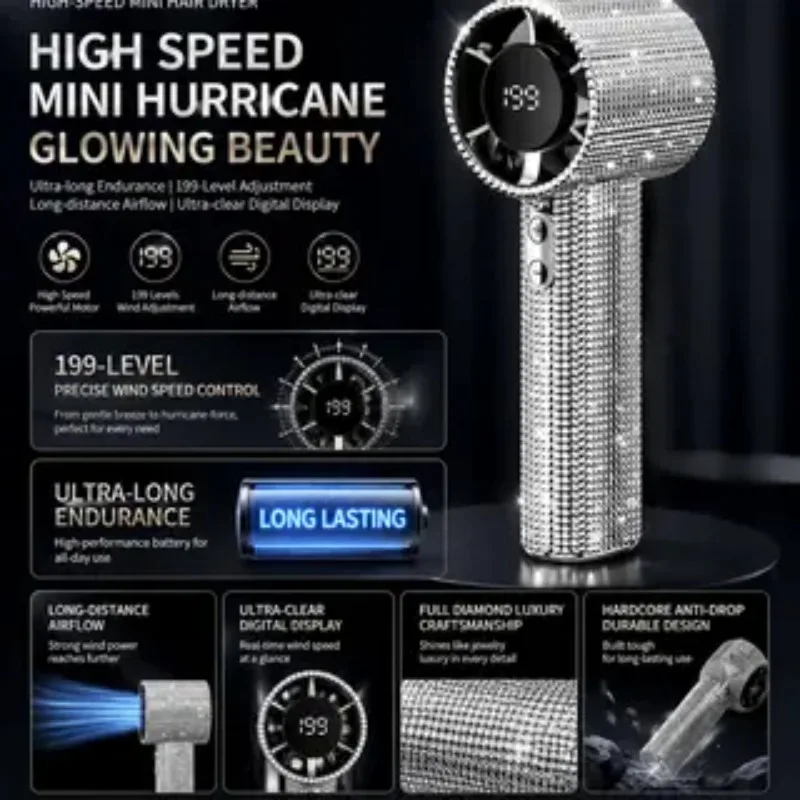 2026 New Upgrade Summer New Diamond Handheld Small Fan 199-speed Creativity Shining Fan Digital Display Outdoor Portable
