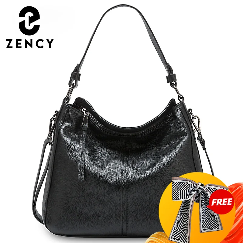 Zency 100% Genuine Leather Elegant Women Shoulder Bag Classic Black Hobos Roomy Casual Tote Handbag Crossbody Messenger Grey