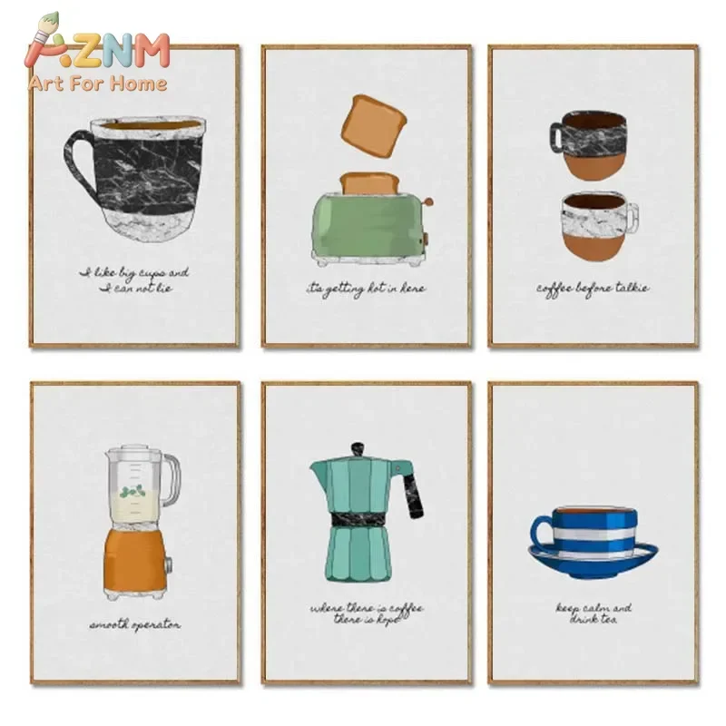 AZNM Retro Kitchen Canvas Wall Art Coffee Cup Toaster Blender Moka Pot With Quote Print Poster Cute Vintage Food Art for Dining