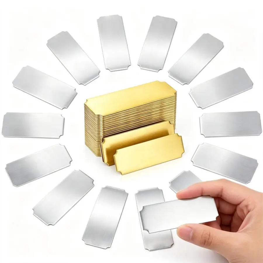  20pcs Blank Metal Name Plates, Golden Silvery Stainless Steel Tag Blanks, Engravable Label Sheets for Office Desk Markers, XJM