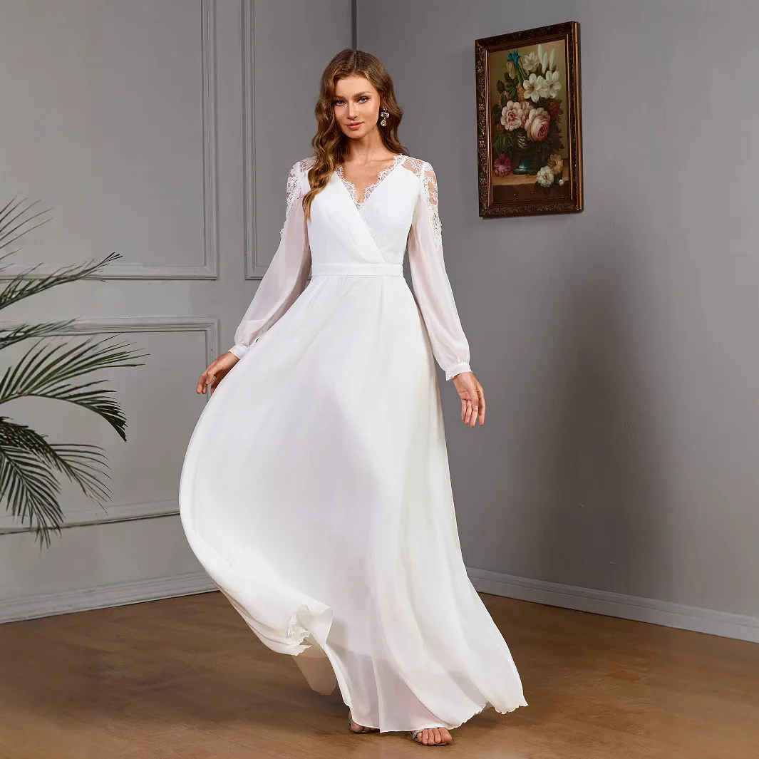

New Hot Selling Dress with Lace Splicing, Long Waist Collection, summer Evening Dress, Chiffon Wedding Dress Vestido Women Party