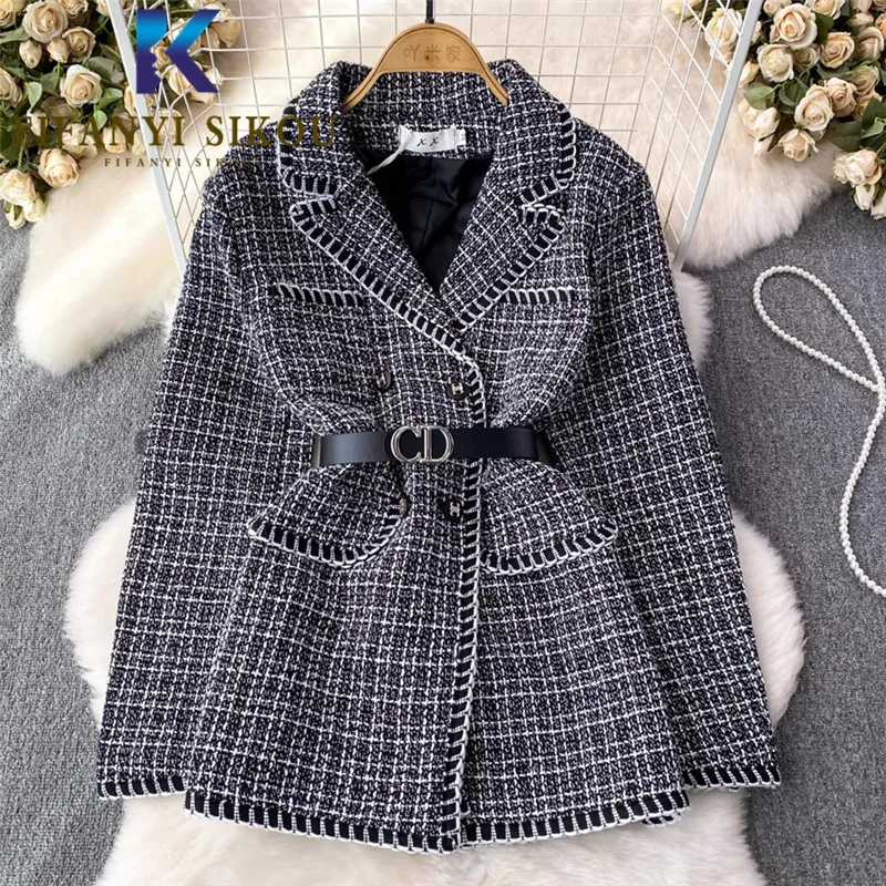 

Autumn Winter Blazer Jacket Women Elegant Fashion Plaid Tweed Suit Jacket Double Breasted Belt Loose Blazers Coat Female