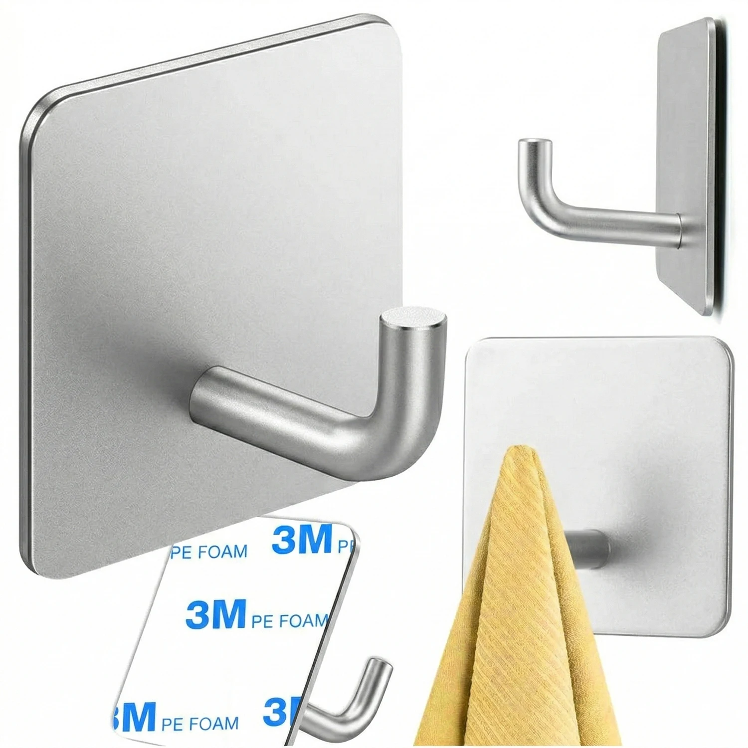 Image of Selbstklebender Wandhaken Silber Universal für Handtücher, Badezimmer, Küche, Zuhause, ohne Bohren, wasserdicht, modern, praktisch, zuverlässige Alltags-Wandaufbewahrungslösung, kompaktes, schlankes