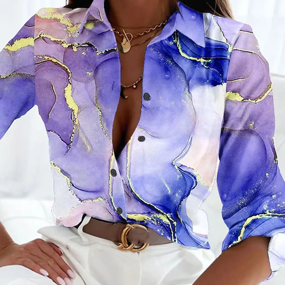 Women's New Long-Sleeved Shirts Classic Marble Printed Retro Shirts Casual Versatile Fashion Button Tops Female Clothing Summer