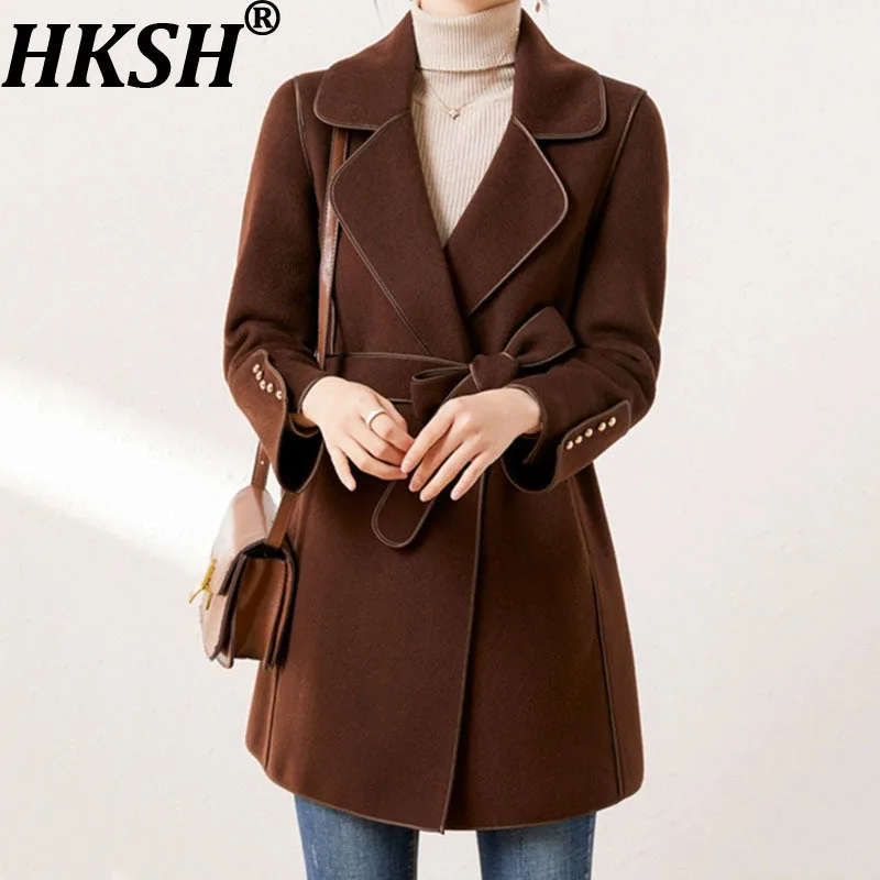 

HKSH осень-зима, новое женское двустороннее шерстяное пальто средней длины, однотонное пальто с поясом и заклепками, корейская стильная элитная куртка HK13170