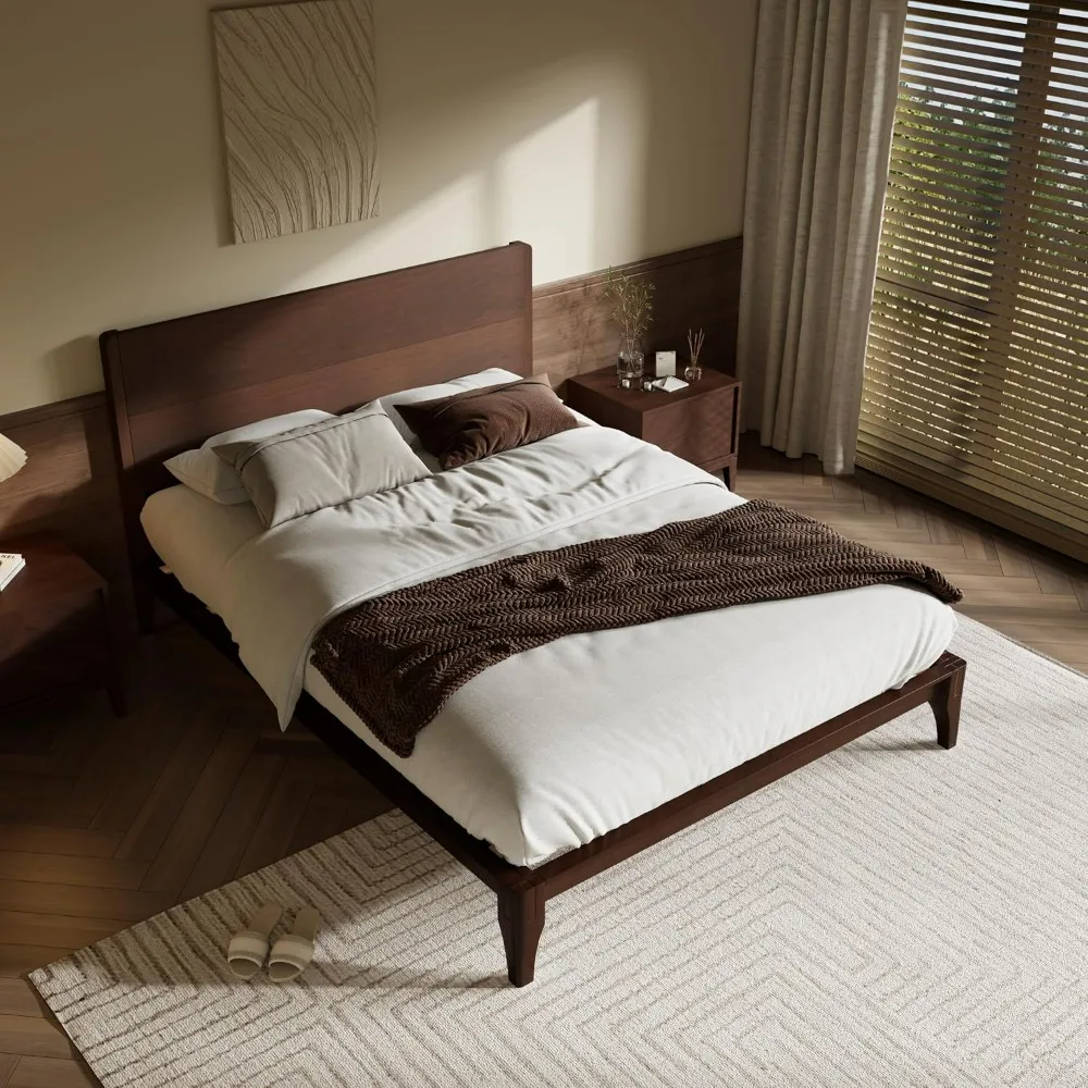 إطار سرير بمنصة من الخيزران بحجم كينج، لوح رأسي حديث طويل القامة في منتصف القرن، سرير كينج صلب مستدام #4