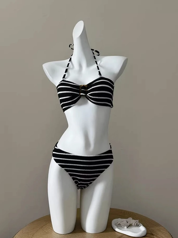

Vintage Sexy Black Striped Bikini Set Women American Retro Hottie Fashion Halter Neck Swimwear Harajuku Chic Sweet Swinsuit 2026