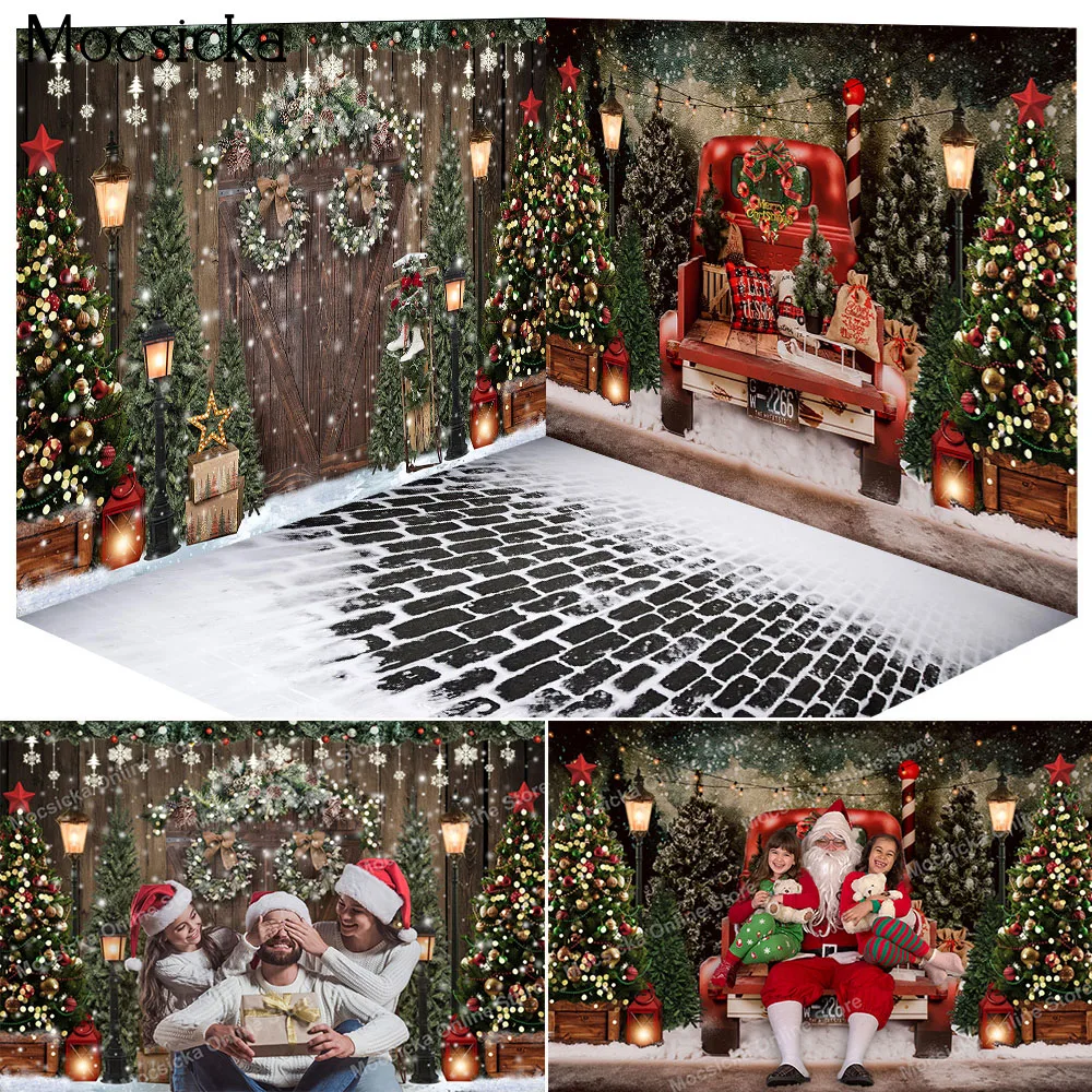 

Winter Portrait Backdrop Retro Xmas Room Decor Photo Studio Christmas Trees Red Truck Rustic Door Background Snow Street Shoot