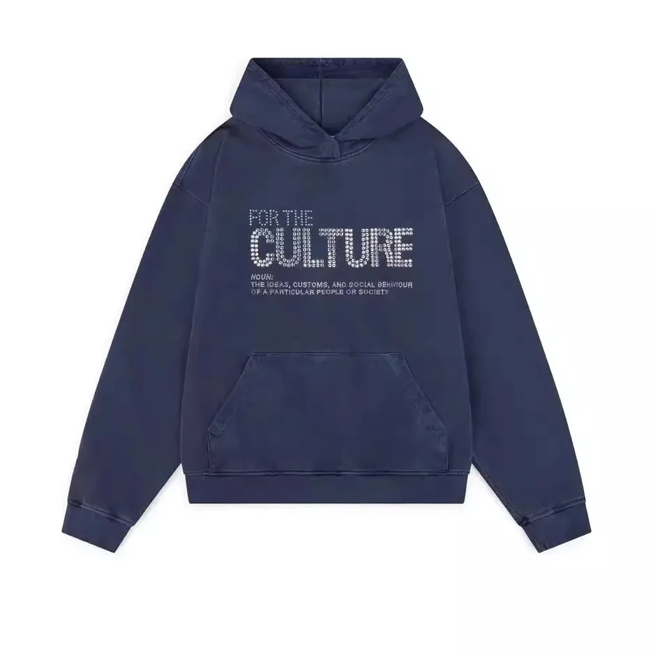 Oversized Drop Shoulder Hoodie Short Loose Pullover Top Rhinestone Letter Print Youth Street Campus Daily Layered Casual Outfit