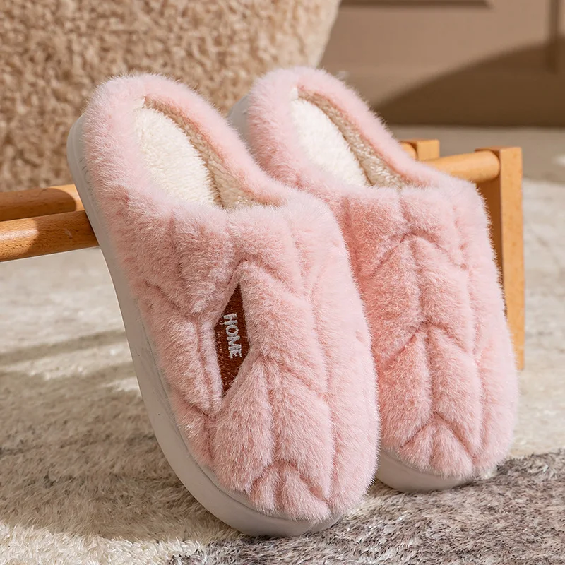2025 Fashion Couple Winter Toe Wrap Warm Fluffy Slippers Soft Non-slip Slides for Women Men Indoor Flat Home Plush Cotton Shoes