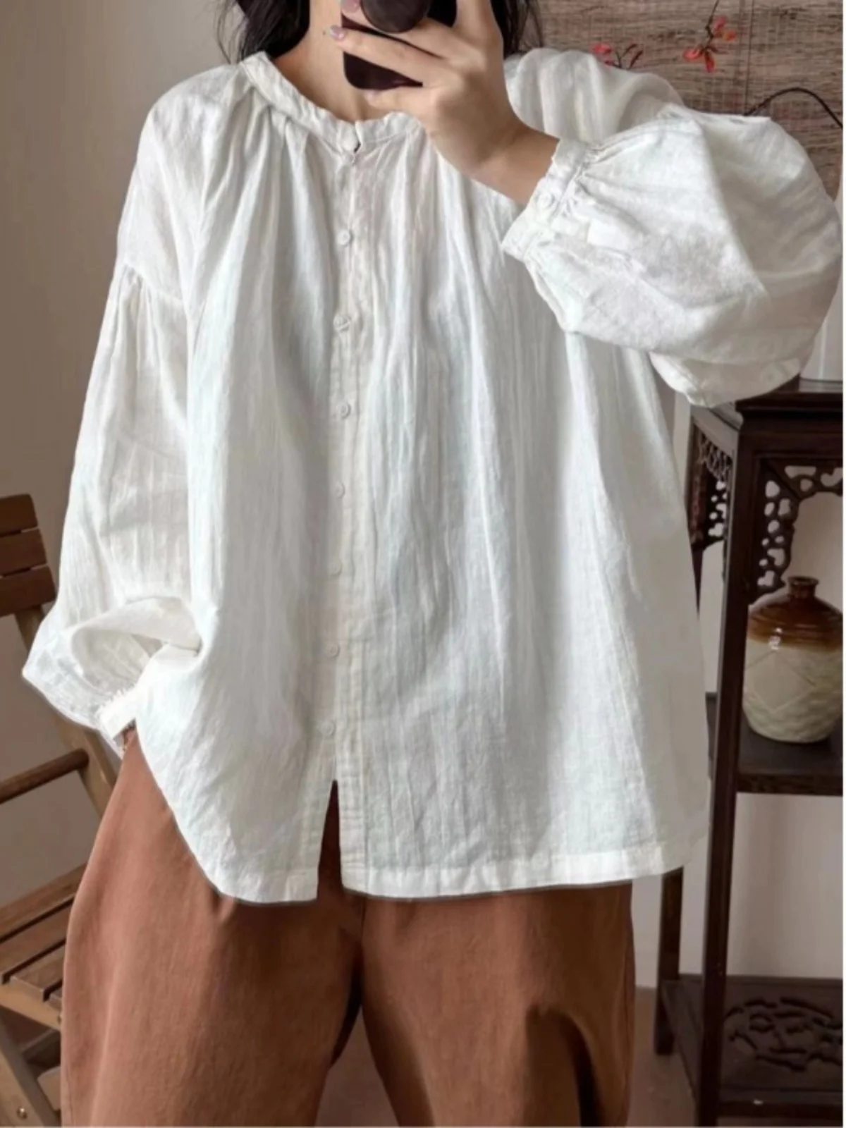 فقاعة من القطن والكتان الأبيض Sve irt تصميم علوي للسيدات ربيع جديد Faion طويل Sve irt تخفيض العمر #4