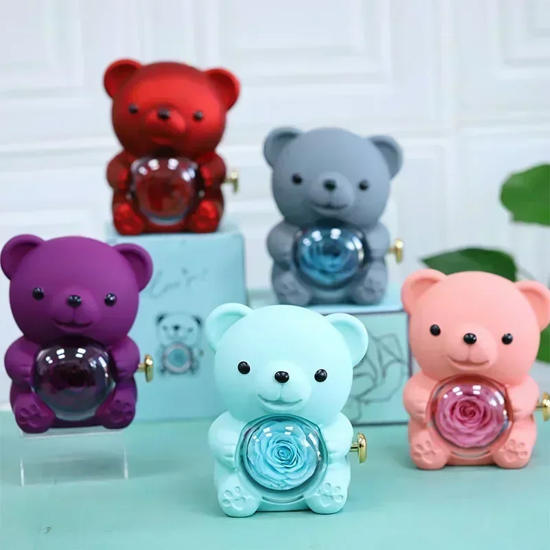 Eternal Rose Teddy Bear Gifts Box with Necklace Rotate Rose Jewelry Box Valentine Wedding Storage Gift Case for Women Girlfriend