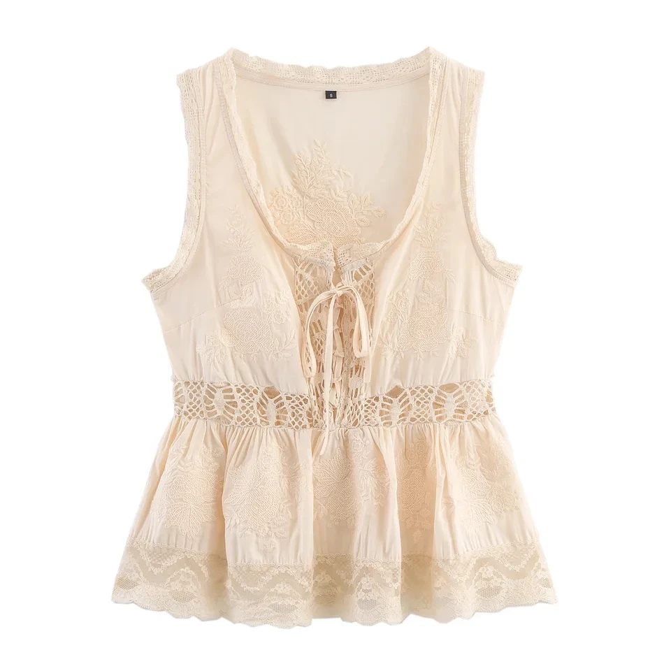 Forest Style Sweet Lace Embroidery Hollow Out Sleeveless V Neck Tie Front A Line Ruffle Hem Blouse Women Romantic Elegant Top
