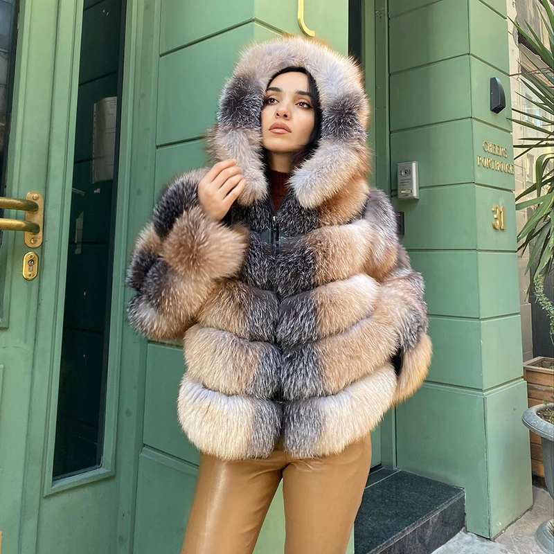 Hooded Contrast Color Natural Fox Fur Coat Women Winter Streetwear Thicken Outertwear Lady Warm Tide Real Fox Fur Coat Female