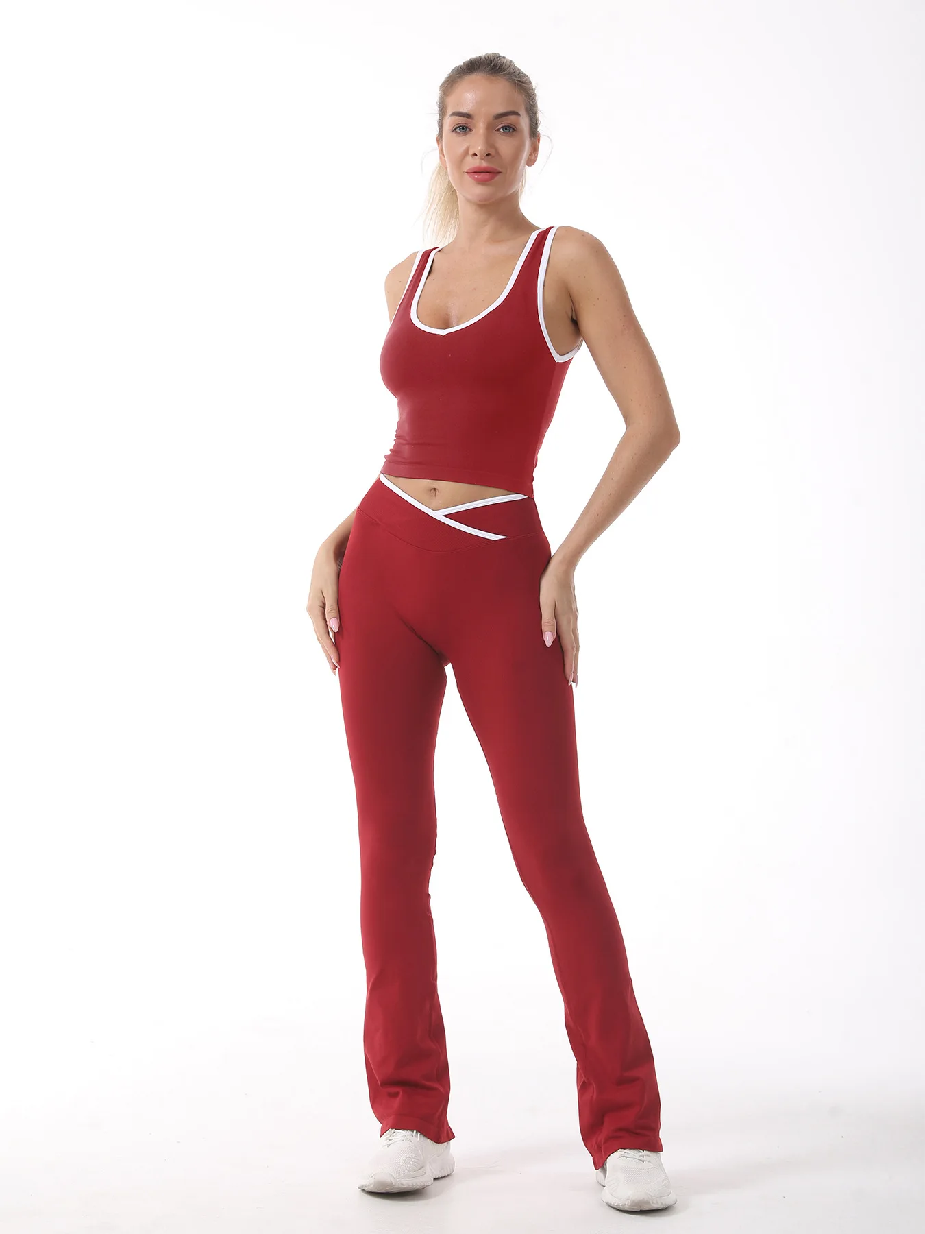 مجموعة يوجا متقاطعة الخصر تحجب الألوان، مشد نسائي مع وسادات صدر وسراويل رياضية ضيقة بمسند الظهر