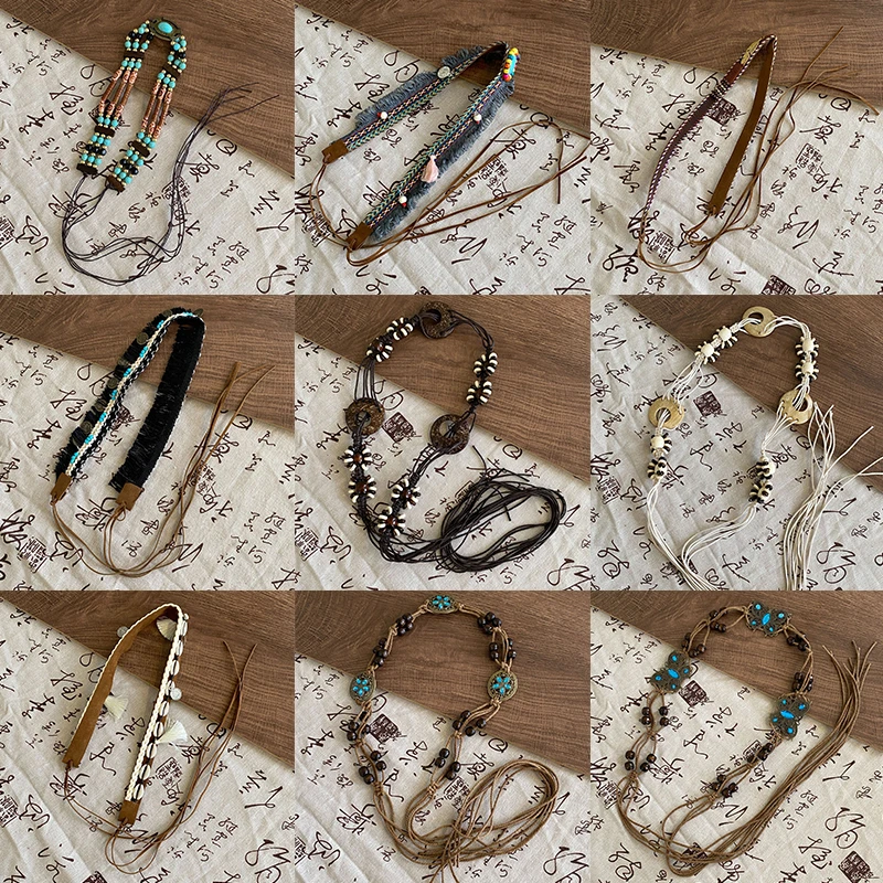 เรียบง่ายอเนกประสงค์ทอมือพู่ลูกปัดไม้เข็มขัดสไตล์ชาติพันธุ์เอวอุปกรณ์เสริมวันหยุดเอวcinchingเชือกเอว