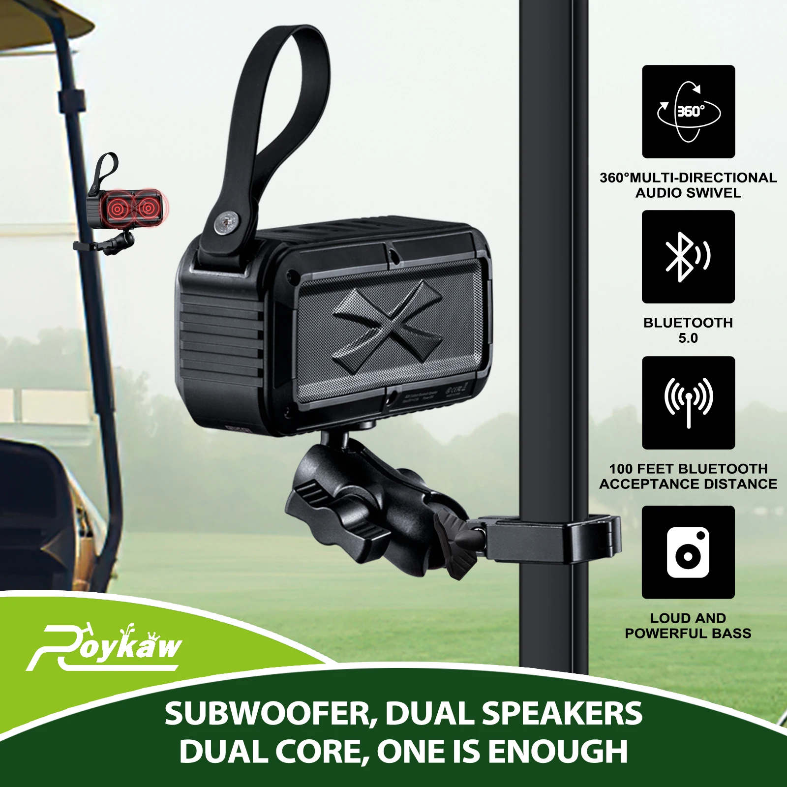 Roykaw Golf Bluetooth Speaker with Mount, IPX7 Waterproof, Shockproof & Dustproof, Portable Speaker for EZGO/Club Car/Yamaha