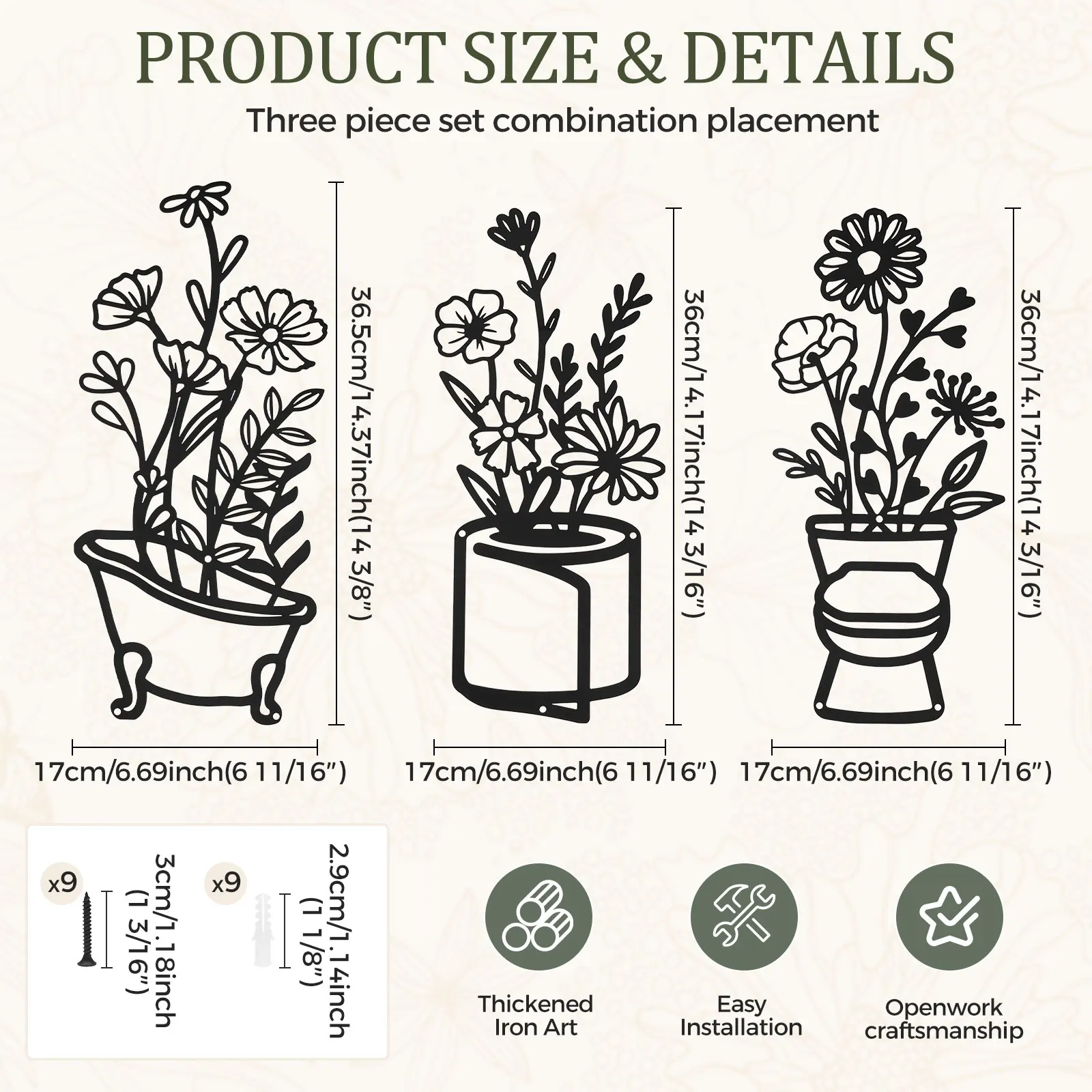 Metal Bathroom Kitchen Wall Decor Rust-proof Bathtub Toilet/Paper/Kitchenware Hollow Out Floral Silhouette Nordic Home Wall Arts