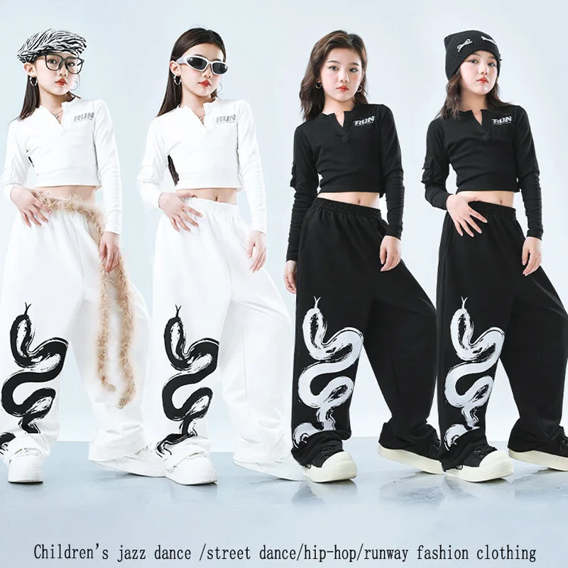 

Одежда в стиле хип-хоп для девочек, белые/черные топы, штаны со змеиным принтом для детей, костюм для джазового танца, одежда для подиума и выступлений