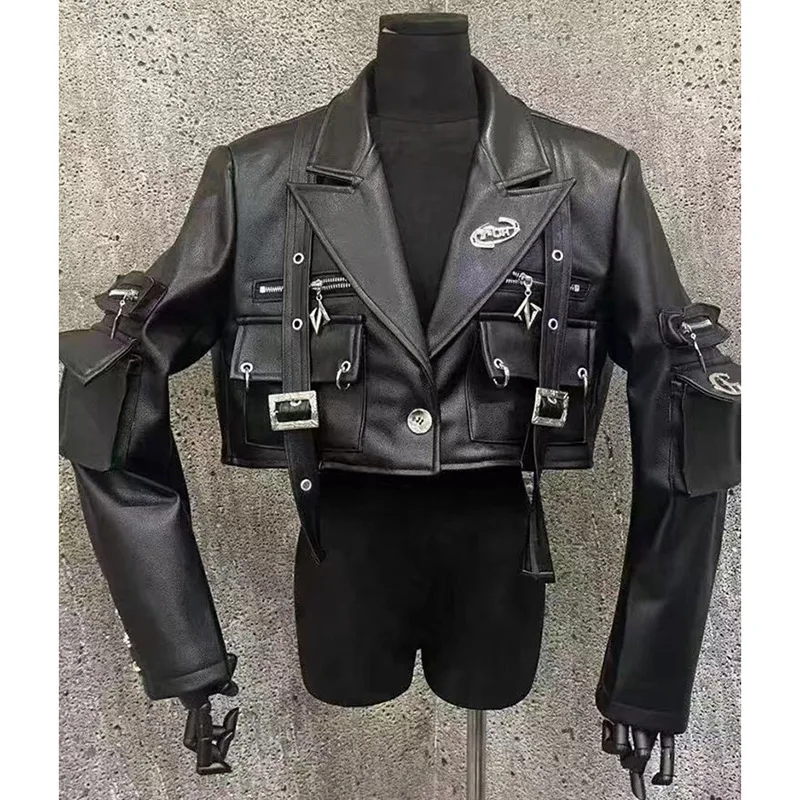 Women Spicy Girl Metal Ring Motorcycle Faux Leather Jacket Multi-pockets Tie Belt PU Coat Turn Down Collar Workwear Streetwear