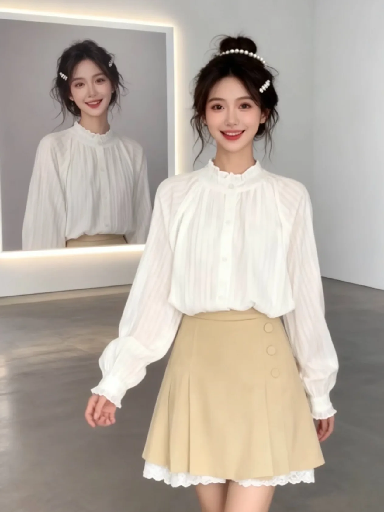 

Ele White Embroidered Cotton Linen irt Women's Spring Faion Gentle Sle Long Sve Stand Collar Bell Sve Top