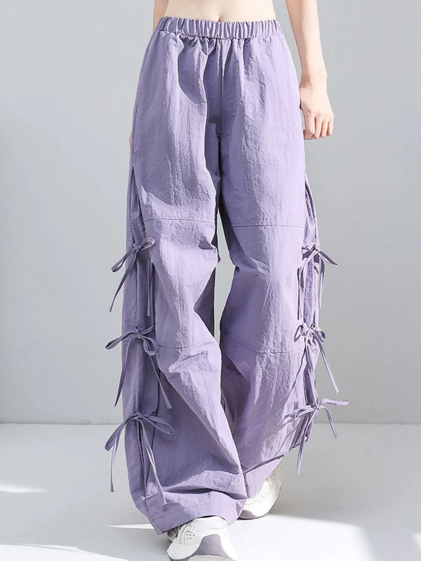 봄 신상 루즈핏 캐주얼 만능 릴렉스 스트레이트 레그 여성용 스웨트팬츠, 한국 스타일 도파민 사이드 리본 카고 팬츠