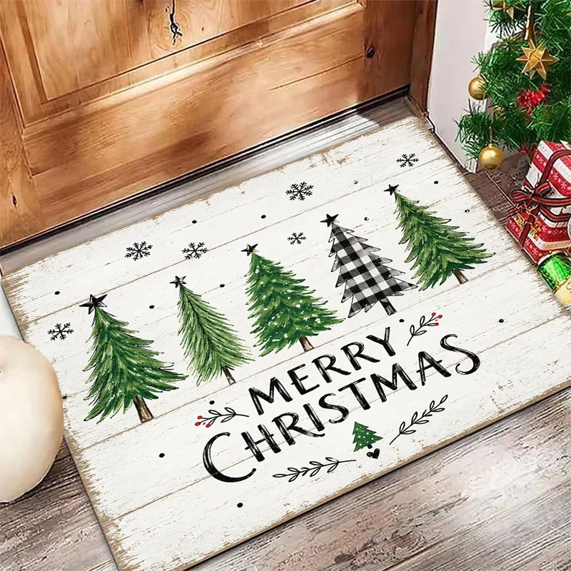 Watercolor Christmas Tree Doormat Merry Xmas Pine Tree Snow Scene Print Entryway Floor Mat for Front Door Indoor Holiday Home