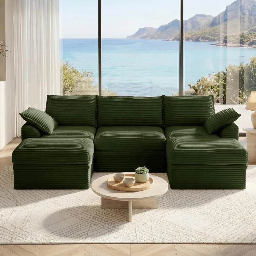 Modular Sectional Couch with Storage, Couches for Living Room, Corduroy 5-Seat U Shaped Upgraded Boneless Couch with 2 Ottomans