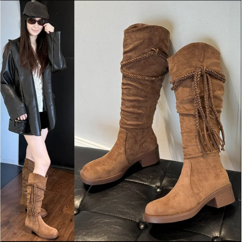 2025 Botas largas con flecos de punto para mujer, botas de caballero estilo Wasteland vintage, botines apilables de longitud media con tacón grueso