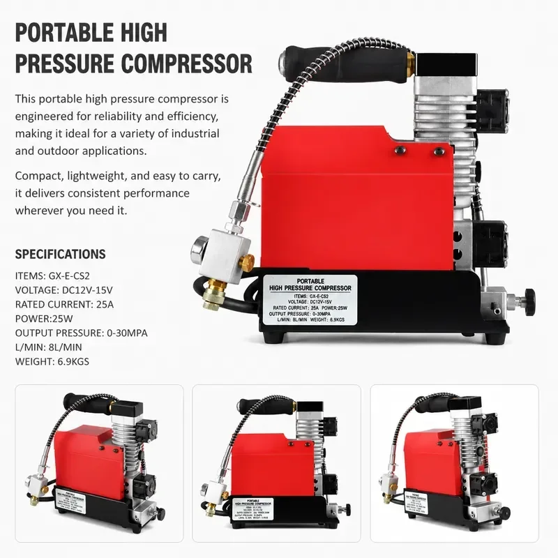 GX-CS2 30Mpa 300Bar 4500Psi 12V PCP Air Compressor 12V Portable High Pressure Pump for Diving Scuba Tank Car Pump Output 12L/min