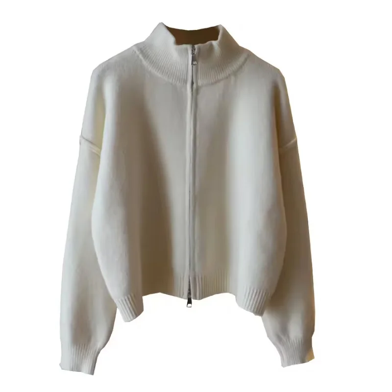 

Korean Women's Knitted Sweater Double Zipper Stand Collar Coat Autumn Winter Casual Versatile New Loose Cardigan Tops 3XL