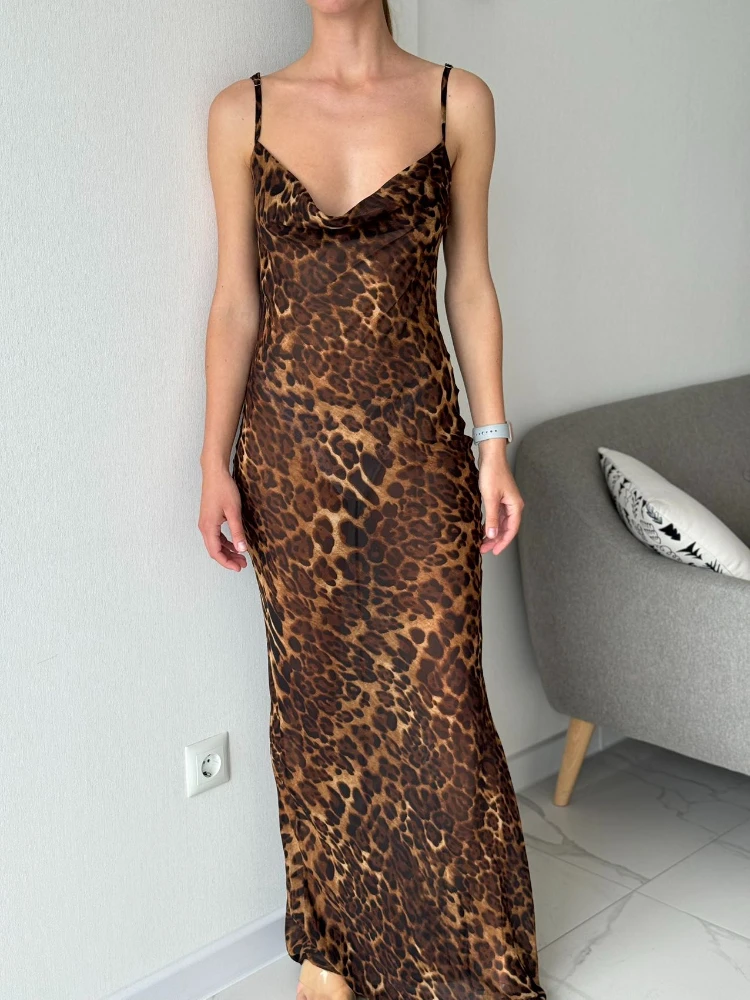 Mingmingxi Summer Leopard Sexy See Through Dress Maxi Backless Sheer Beach Dress Lace Up Elegant Floor Length Holiday Dress