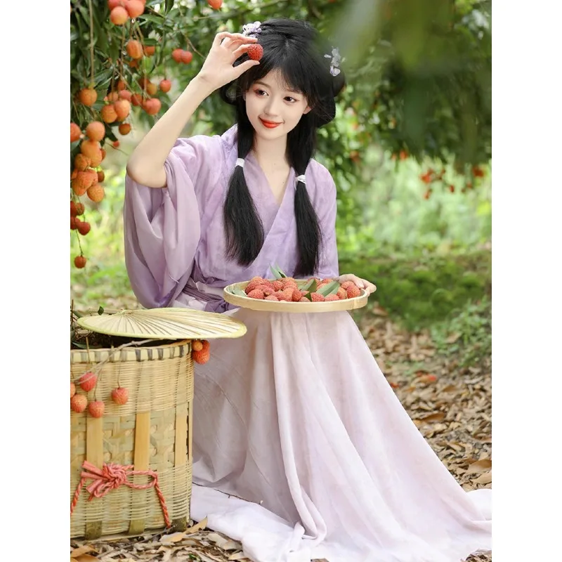 Wei Jin Style Purple Crossed Collar Wide Sleeve Blouse Panel Skirt Elegant Fresh Hanfu Set for Petite, Spring Summer New Arrival