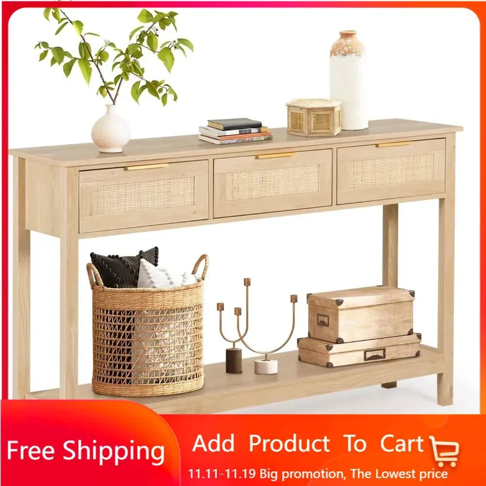 

Rattan Console Table Boho Entryway Table Narrow Long Sofa Table Hallway Foyer Behind Couch with 3 Drawers