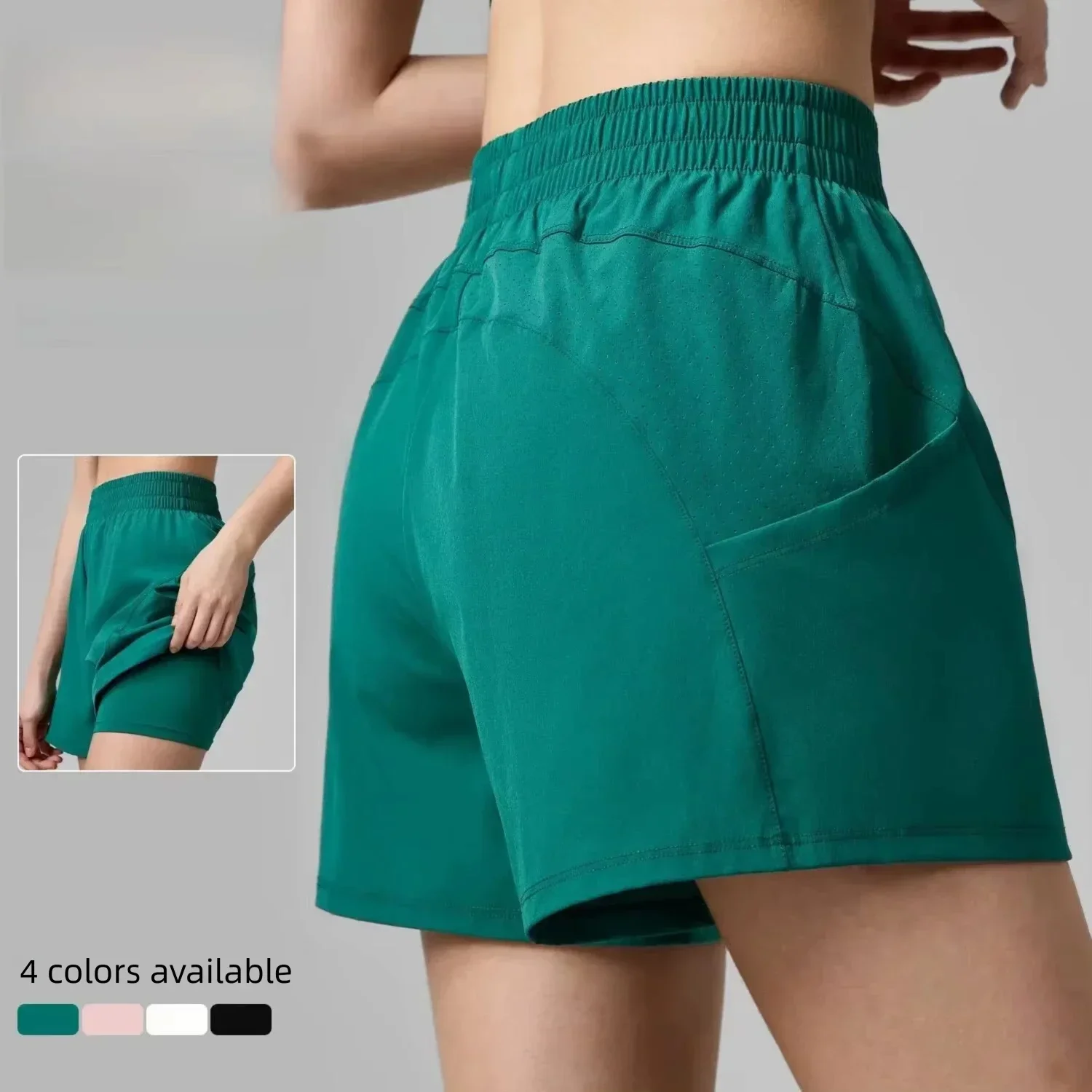 Anti-exposure Nude Yoga Shorts Women's Quick-drying Gym Pocket Sports Shorts Fake Two-piece High-waisted Running Fitness Pants