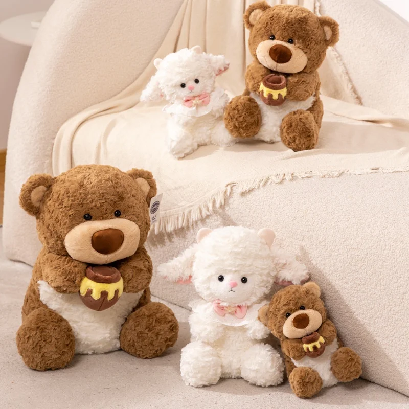 Kawaii Brown Bear Holding Honeypot Plush Toy Cartoon Stuffed Animals Lovely Sheep with Bowknot Doll Baby Sleep Pillow Kids Gifts