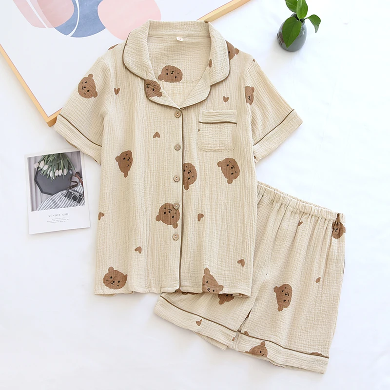 Ensemble Pyjama en pur coton pour Couple, vêtements de nuit, manches courtes, motif ours, en crêpe