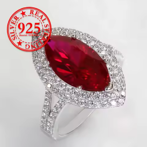 Luxury Red Zircon Marquise-Cut Ring with Full Diamond Accents, 925 Silver Plated &ndash; Elegant Statement Jewelry for Women