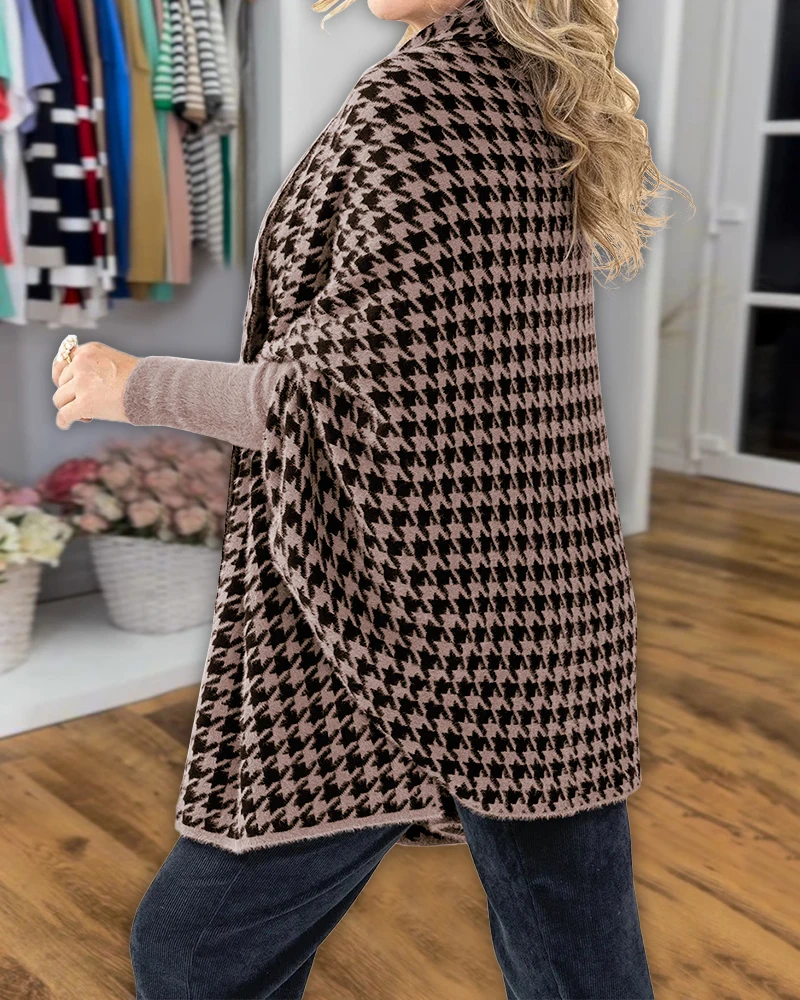 

Women's Coats Houndstooth Print Batwing Sleeve Cape Shawl Casual Sweater Coat Female Simple Fashion Loose & Comfortable Cardigan