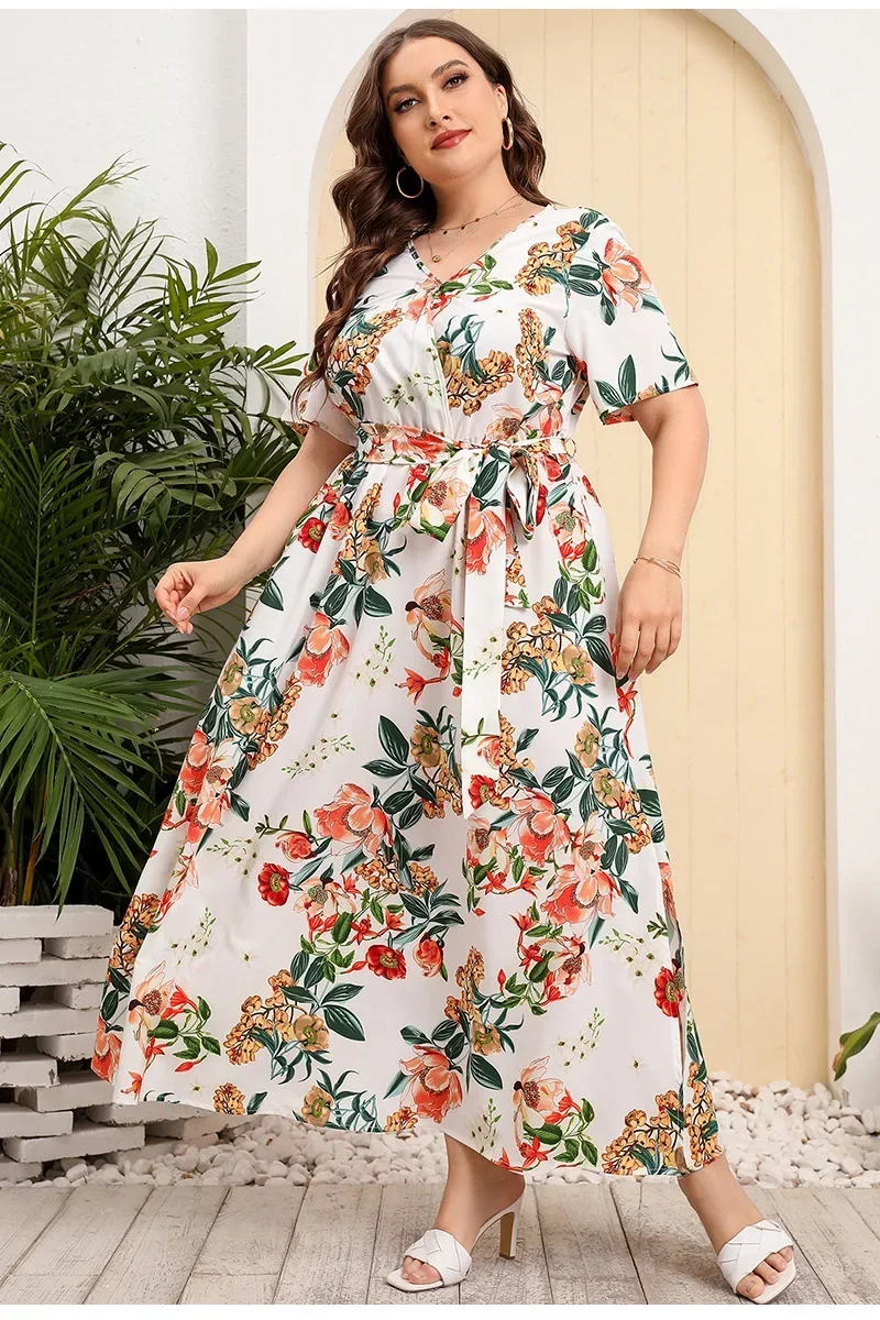 Nowy letni Plus Size S-5XL dekolt w szpic z krótkim z rękawami i nadrukiem sukienka Boho dla kobiet z elastyczną luźną sukienką Maxi