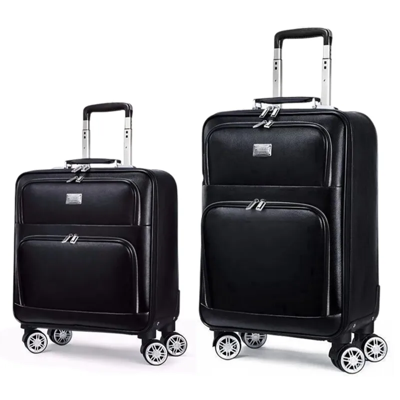 Luxury 16/18/20/24 Inch Black Genuine Leather Carry On Luggage - Airline Approved Elegant Travel Suitcase