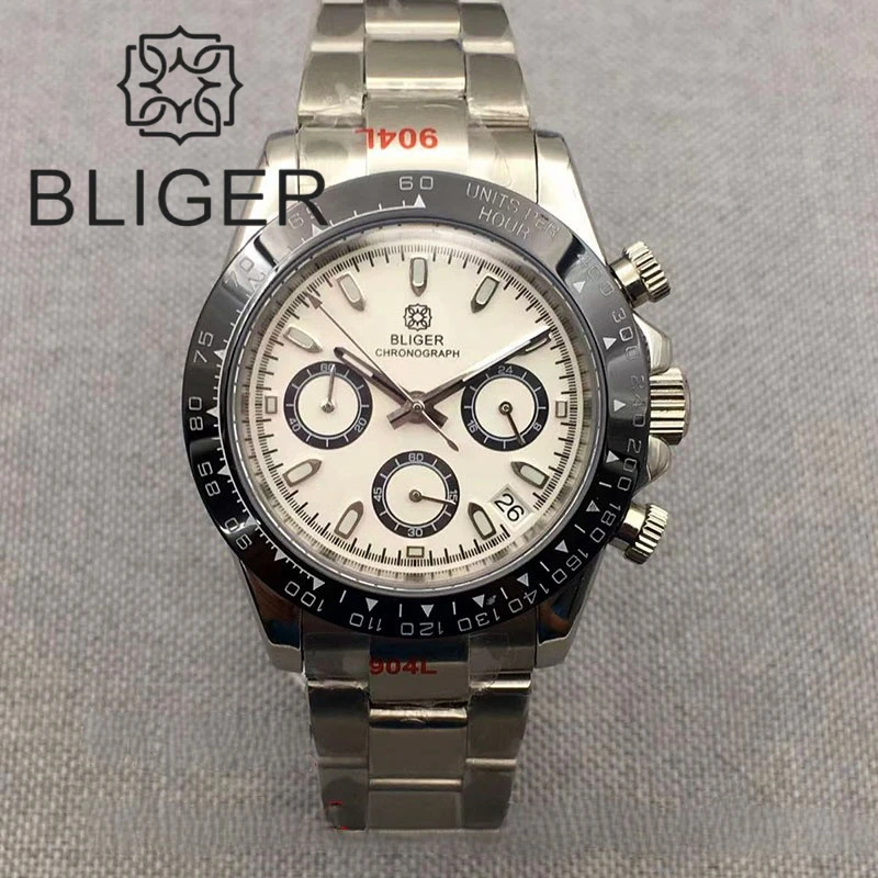 

BLIGER 39mm Quartz Watch For Men Chronograph Sapphire Glass VK63 Movement Calendar Stainless Steel White Dial 5.0 Date Function