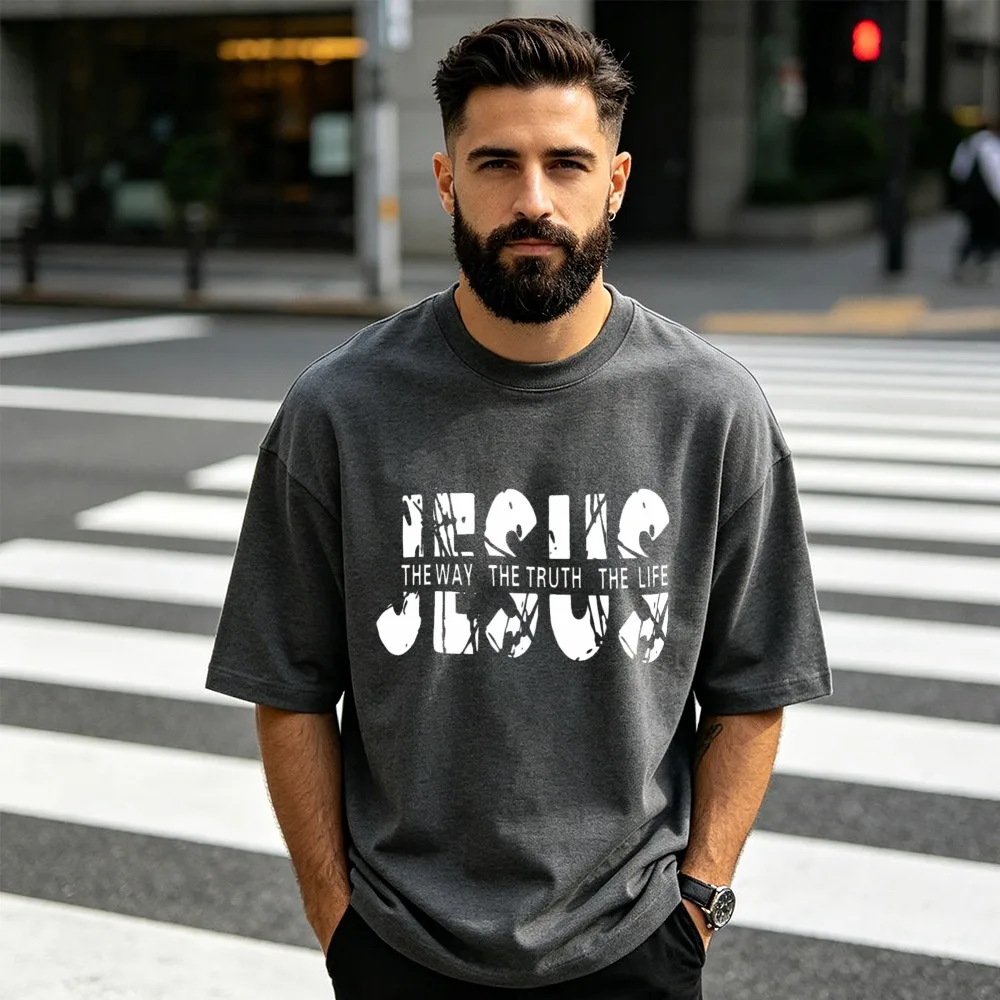 T-shirt pour hommes chrétiens avec verset biblique « Jésus, la voie, la vérité, la vie », en coton, pour l'été, avec motif graphique, haut décontracté