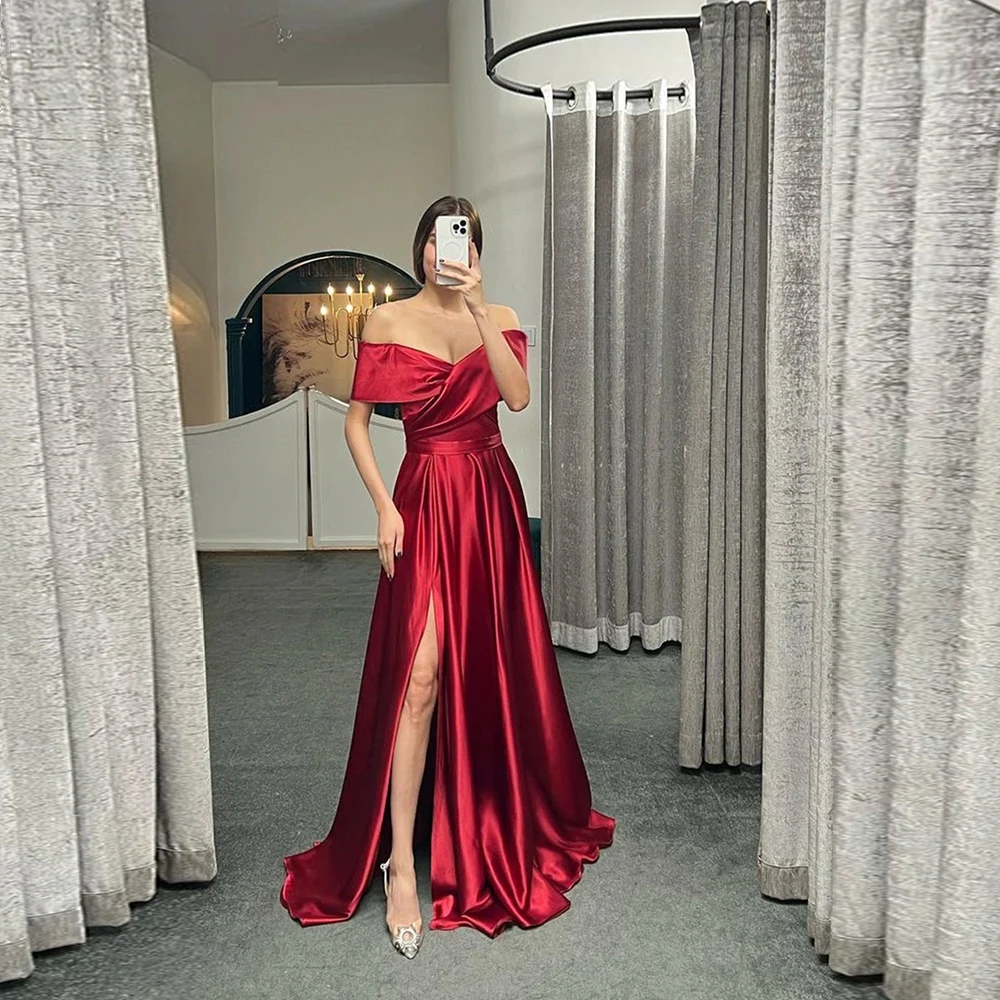 

Sexy Formal Evening Dresses Women's Red Satin Off Shoulder A-Line Pleat With Slit Sweep Train Prom Gowns Vestidos De Gala