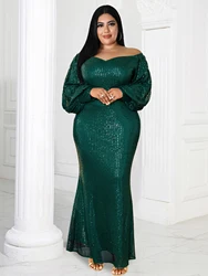 Abiti tubino verde per le donne Plus Size spalla fredda manica lanterna a vita alta paillettes abiti da sera per feste di matrimonio 4XL 2023