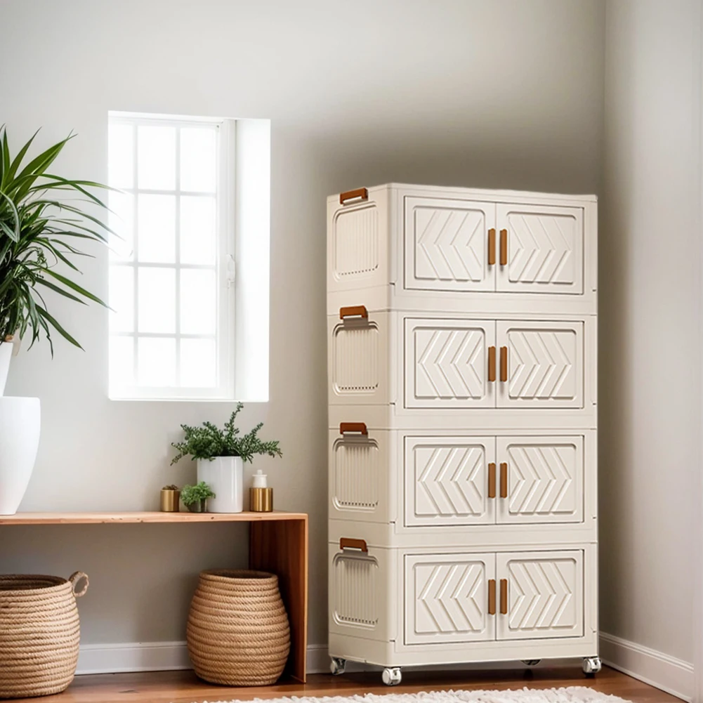 4 Tier Folding Storage Cabinet Plastic Stackable Storage Containers Organization Installation-Free Home Living Room Sundries Bin 3