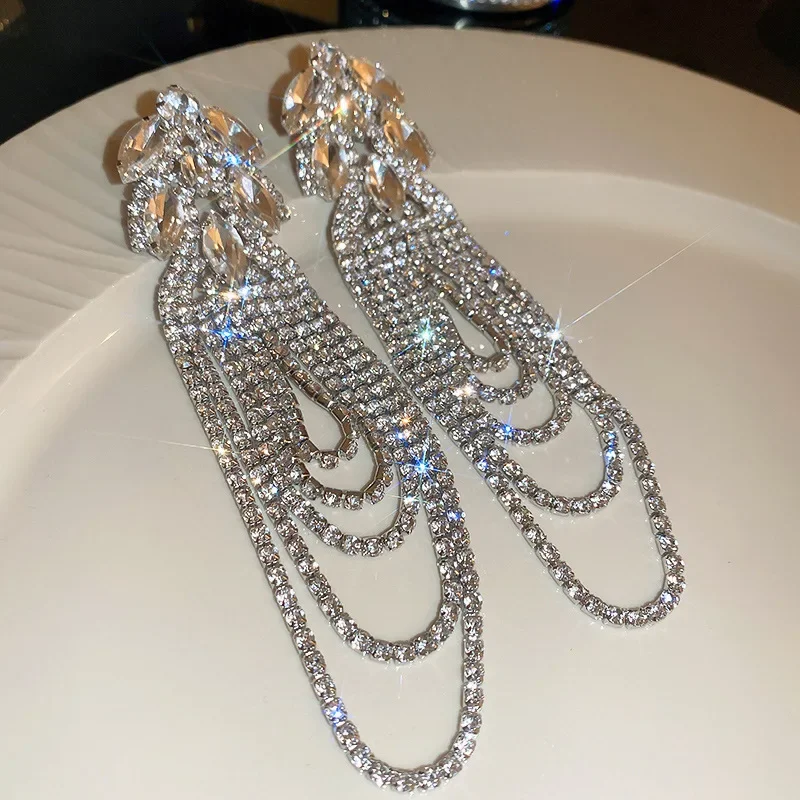 FYUAN Geometric Crystal Earrings Oversize Long Tassel Rhinestone Earrings for Women Luxury Earring Statement Jewelry
